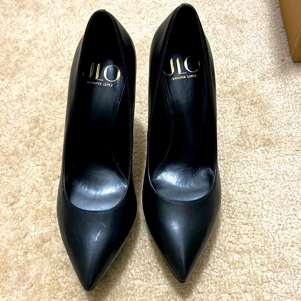 JLo black leather platform heels